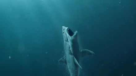 HD PC desktop wallpaper featuring a shark from the movie The Meg, swimming upward in a deep blue ocean setting.