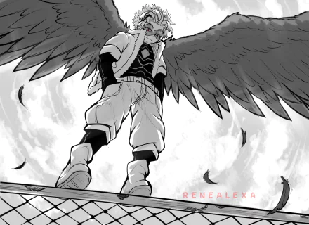 HD PC desktop wallpaper of Keigo Takami (Hawks) from My Hero Academia: monochrome anime image of him standing on a railing with massive wings spread, feathers drifting against a cloudy sky.