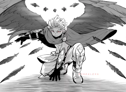 Grayscale 2K Quad HD desktop wallpaper of Keigo Takami (Hawks) from My Hero Academia, crouched with wings unfurled as dark feathers drift around him.