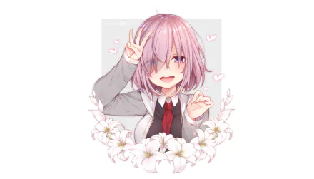 HD PC desktop wallpaper featuring Mashu Kyrielight from the anime Fate/Grand Order, smiling with a peace sign surrounded by white flowers and pink hearts.