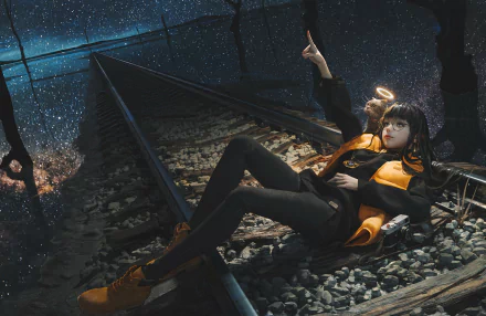 HD desktop wallpaper features an anime girl with black hair and glasses, lying on railroad tracks with a cat beside her. The backdrop is a starry night sky, creating a captivating and serene scene.