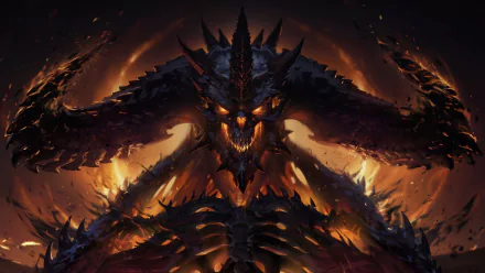 HD Diablo III desktop wallpaper featuring a fearsome demon character with glowing eyes and an imposing stance.