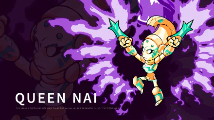 HD PC desktop wallpaper of Queen Nai from the Brawlhalla video game: animated fighter bursting purple energy on a dark background with the 'QUEEN NAI' title.