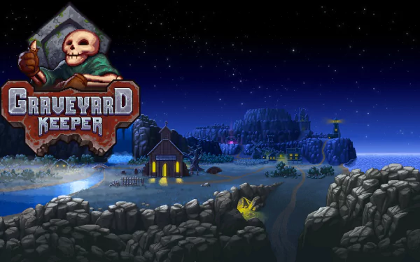 HD desktop wallpaper of Graveyard Keeper with a logo over a night landscape featuring a graveyard, mill, and castle.