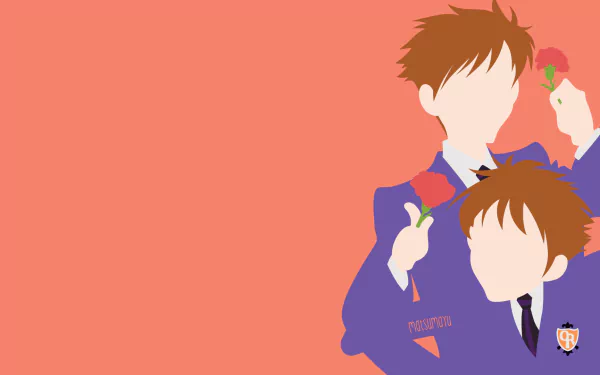 HD PC desktop wallpaper: minimalist anime illustration of Ouran High School Host Club twins Hikaru and Kaoru Hitachiin in blazers holding flowers on a coral background.