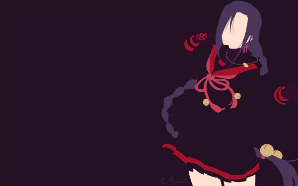 Minimalist HD PC desktop wallpaper of Magane Chikujoin from the Re:Creators anime: purple background with stylized partial portrait in dark dress, braided hair and red ribbons.