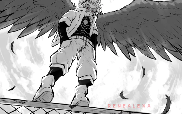 HD PC desktop wallpaper of Keigo Takami (Hawks) from My Hero Academia: monochrome anime image of him standing on a railing with massive wings spread, feathers drifting against a cloudy sky.