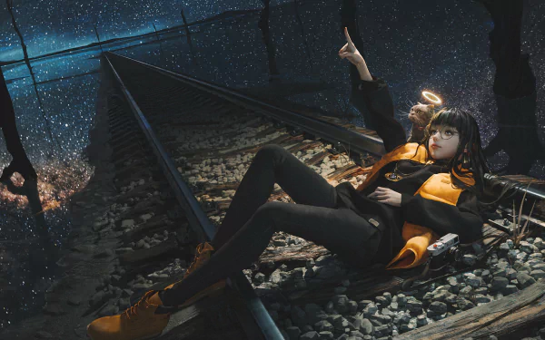 HD desktop wallpaper features an anime girl with black hair and glasses, lying on railroad tracks with a cat beside her. The backdrop is a starry night sky, creating a captivating and serene scene.