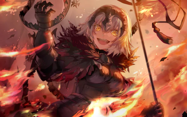 HD desktop wallpaper of Avenger Jeanne d'Arc Alter from Fate/Grand Order. She has white, short hair and yellow eyes, holding a banner amidst fire. The image features an anime style with vibrant, fiery elements.