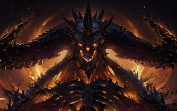 HD Diablo III desktop wallpaper featuring a fearsome demon character with glowing eyes and an imposing stance.