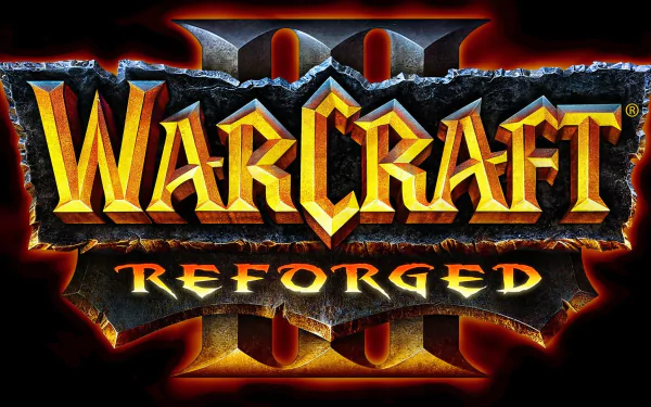 HD desktop wallpaper featuring the logo of Warcraft III: Reforged with fiery and metallic design elements.