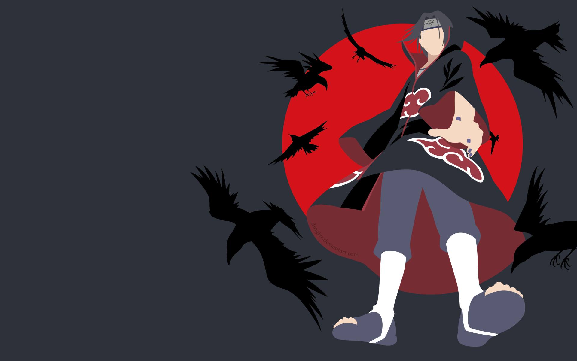 4K Ultra HD PC desktop wallpaper featuring Itachi Uchiha from Naruto, set against a dark background with a striking red moon and flying crows.