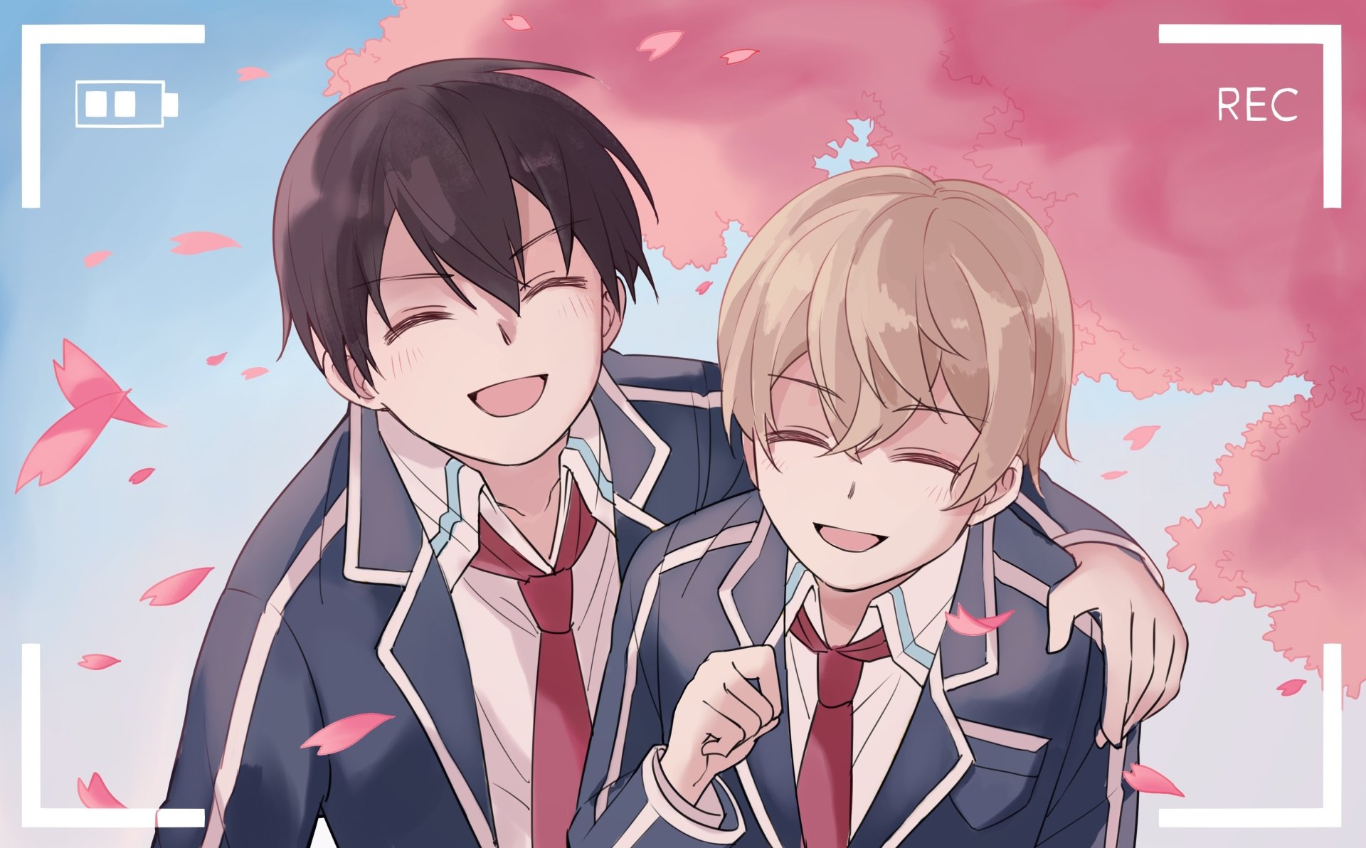 Eugeo and Kirito from Sword Art Online: Alicization, wearing school uniforms, smiling together against a pink sky with falling cherry blossoms in an HD anime wallpaper.