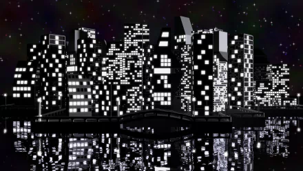 A night cityscape rendered in Blender 3D, showcasing illuminated buildings reflected in the water below, with a starry sky overhead. An artistic HD wallpaper and background tagged with city and night themes.