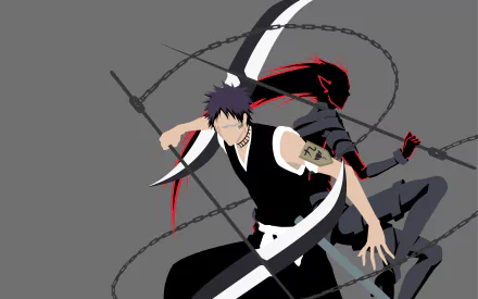 Kazeshini-wielding Hisagi Shūhei from Bleach in an anime action pose, black chains and red accents on a gray backdrop — 4K Ultra HD PC desktop wallpaper.