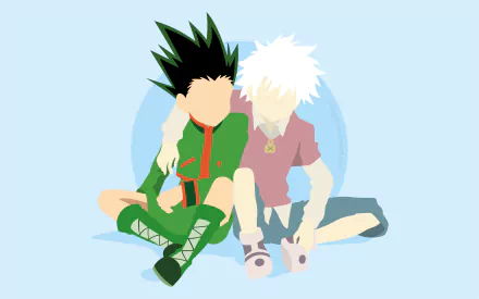 HD desktop wallpaper featuring Gon Freecss and Killua Zoldyck from the anime Hunter x Hunter, sitting together with arms around each other against a light blue background.