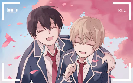 Eugeo and Kirito from Sword Art Online: Alicization, wearing school uniforms, smiling together against a pink sky with falling cherry blossoms in an HD anime wallpaper.