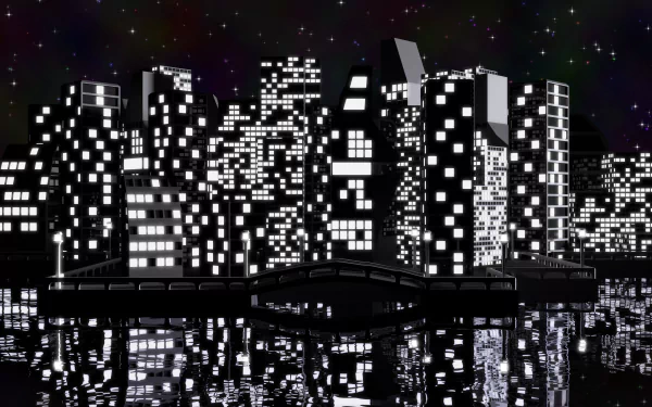 A night cityscape rendered in Blender 3D, showcasing illuminated buildings reflected in the water below, with a starry sky overhead. An artistic HD wallpaper and background tagged with city and night themes.