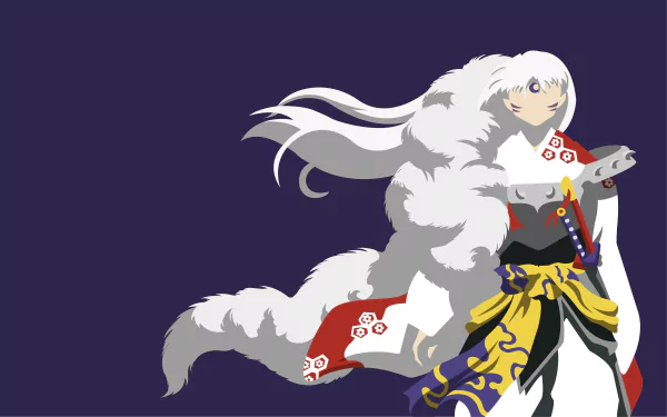 Sesshōmaru (InuYasha) with flowing white fur and ornate armor on a deep purple field, 4K Ultra HD PC desktop wallpaper and background.