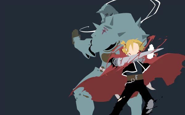 Stylized 4K Ultra HD anime wallpaper featuring Edward Elric and Alphonse Elric from Fullmetal Alchemist in dynamic action poses on a dark background.