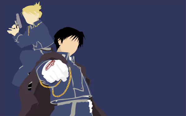 Minimalist 4K Ultra HD PC desktop wallpaper of the anime Fullmetal Alchemist: Roy Mustang aiming with a gloved hand and Riza Hawkeye poised with a pistol on a deep blue field.