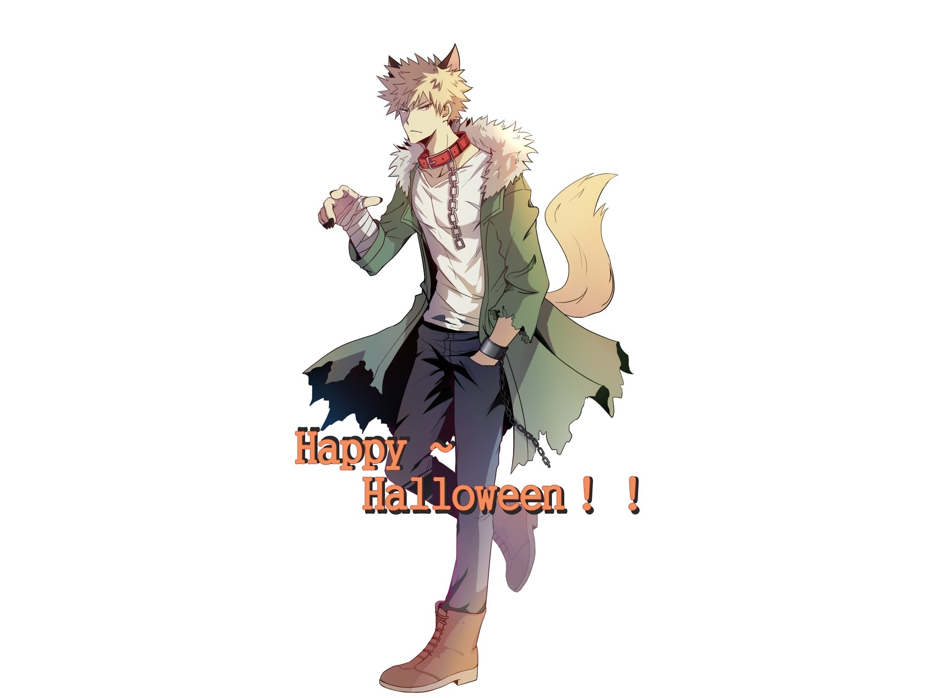 Katsuki Bakugou (My Hero Academia) in a Halloween-themed outfit with fox tail and Happy Halloween!!! text on a white backdrop — 5K Ultra HD PC desktop wallpaper and background.