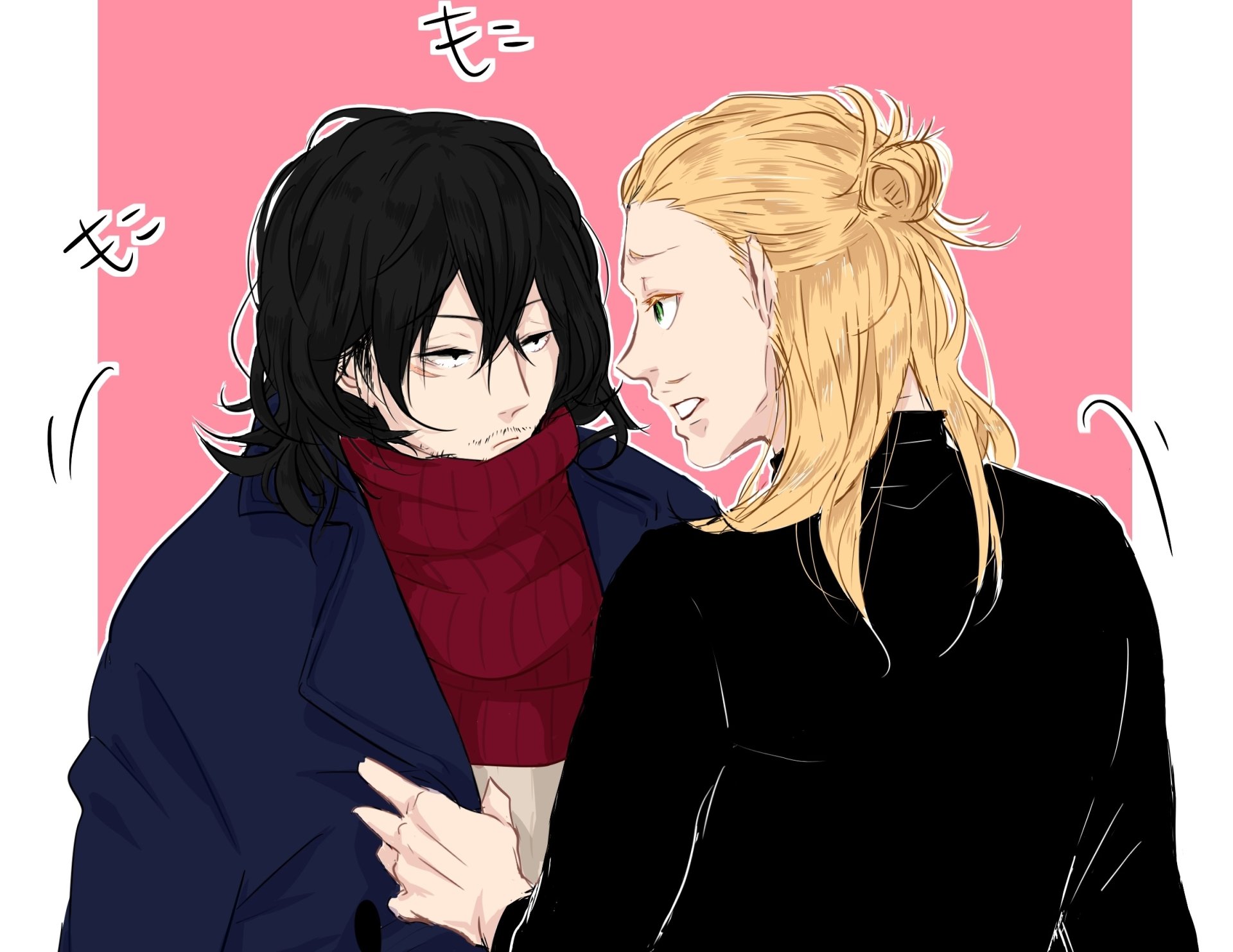 HD anime desktop wallpaper of Present Mic and Shouta Aizawa from My Hero Academia (Boku No Hero Academia) facing each other against a pink background.