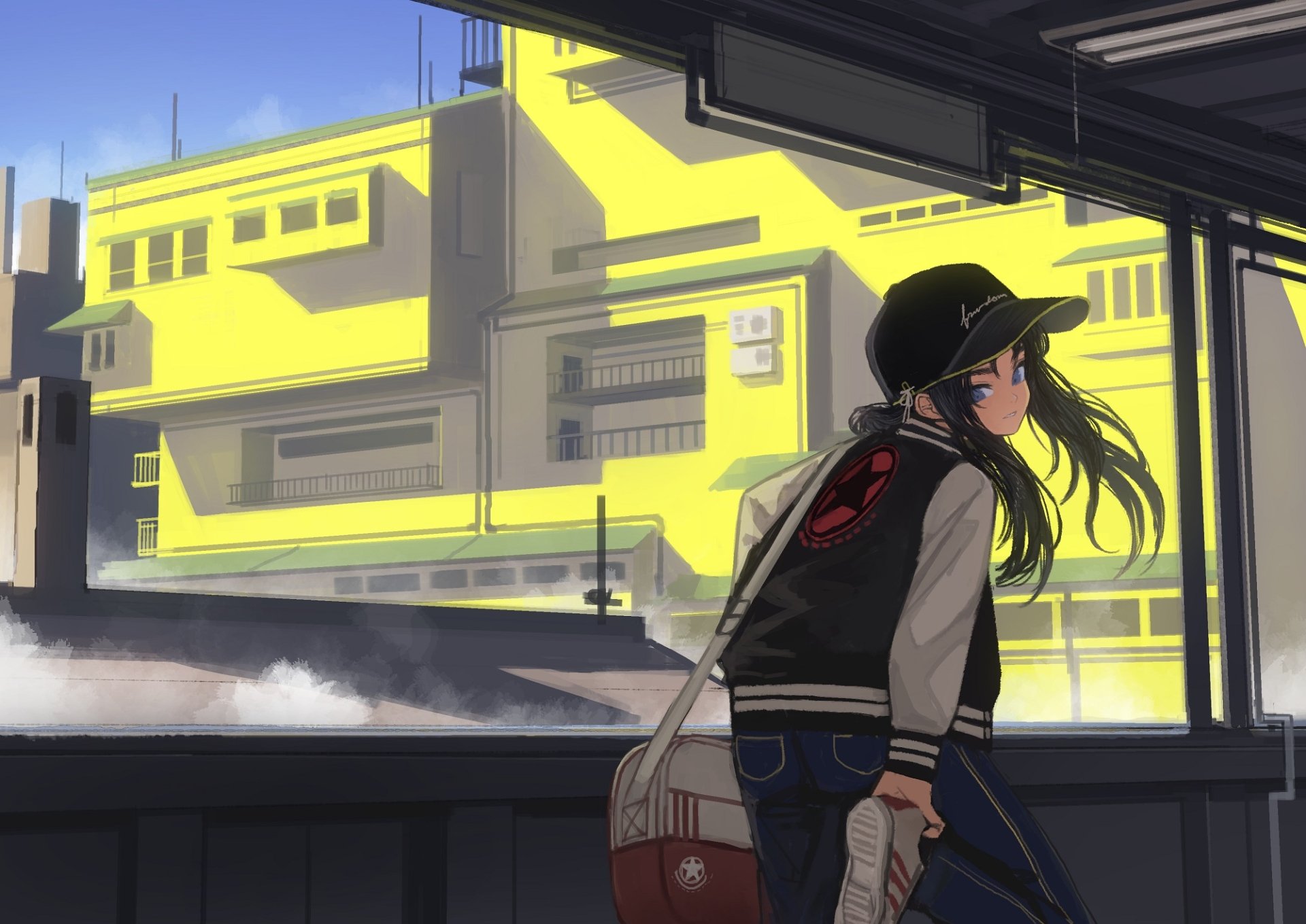 Anime-style HD desktop wallpaper featuring a long-haired black-haired character with blue eyes, wearing a cap and carrying a bag, set against urban architecture with yellow buildings.