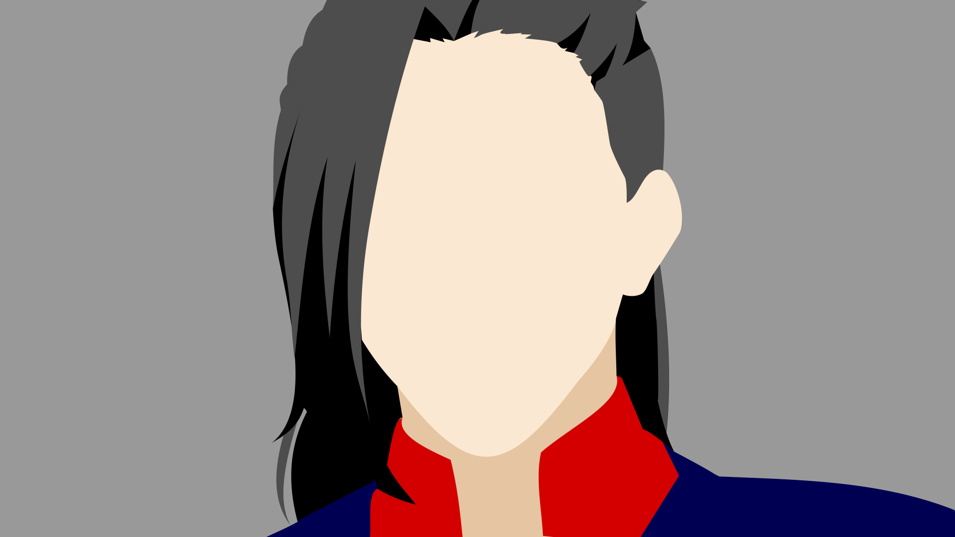 Minimalist 8K Ultra HD PC desktop wallpaper: faceless Uta from Tokyo Ghoul (√A, :re) with black hair and red-collared jacket on a gray background.