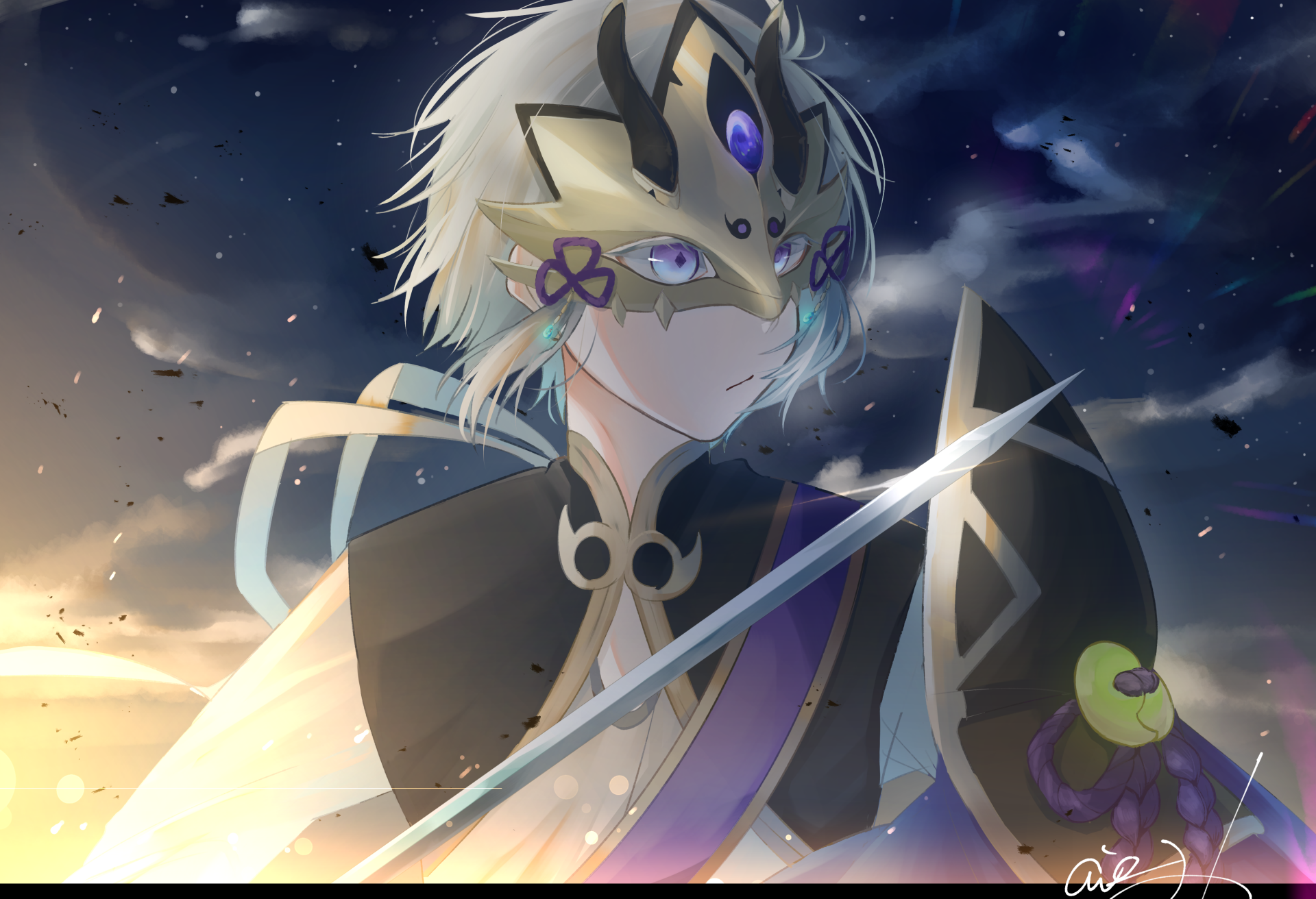 Anime Fate/Grand Order 4K Ultra HD PC desktop wallpaper: masked white-haired swordsman in ornate black and purple armor, holding a gleaming blade beneath a stormy, glowing sky.