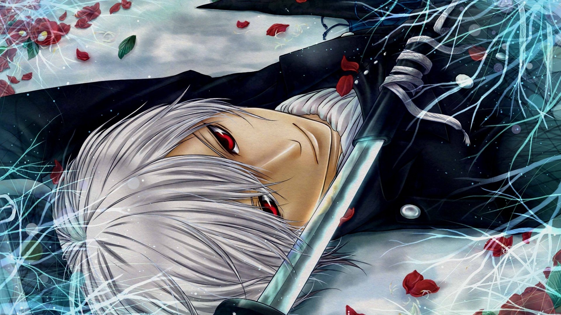Anime-inspired HD wallpaper featuring a character from Hakuouki Shinsengumi Kitan, with striking red eyes, silver hair, and a sword, surrounded by scattered rose petals.