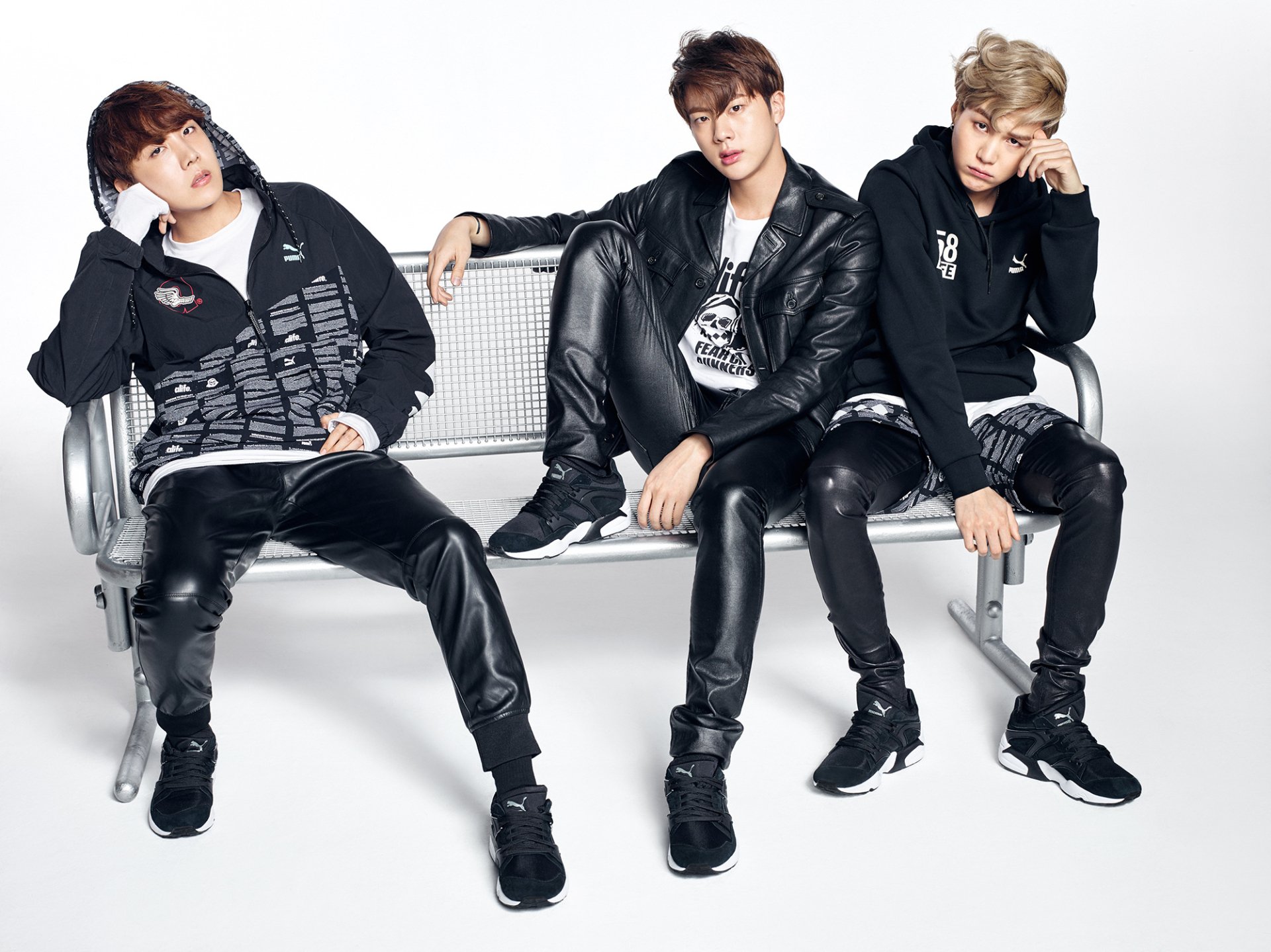 HD PC desktop wallpaper featuring BTS members V (Kim Taehyung), Suga (Min Yoongi), and RM (Kim Namjoon) posing in black outfits against a white background.