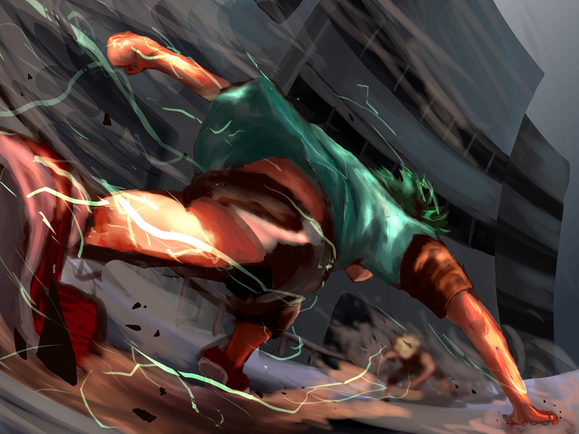 4K Ultra HD anime wallpaper featuring Katsuki Bakugou and Izuku Midoriya from My Hero Academia in a dynamic action scene.