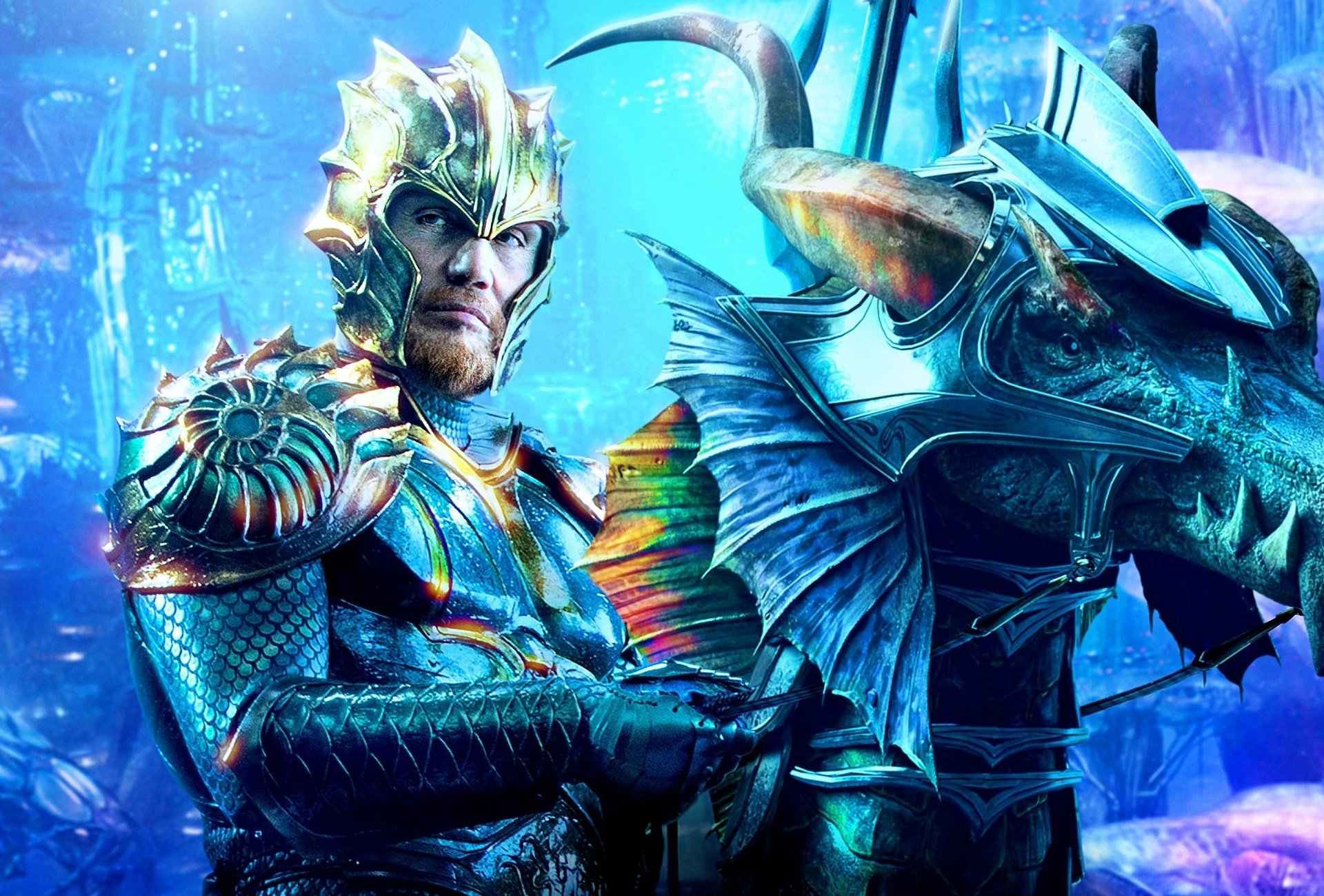 HD PC desktop wallpaper and background: cinematic Aquaman movie–style portrait of an armored sea king beside an armored seahorse in a glowing blue underwater city.