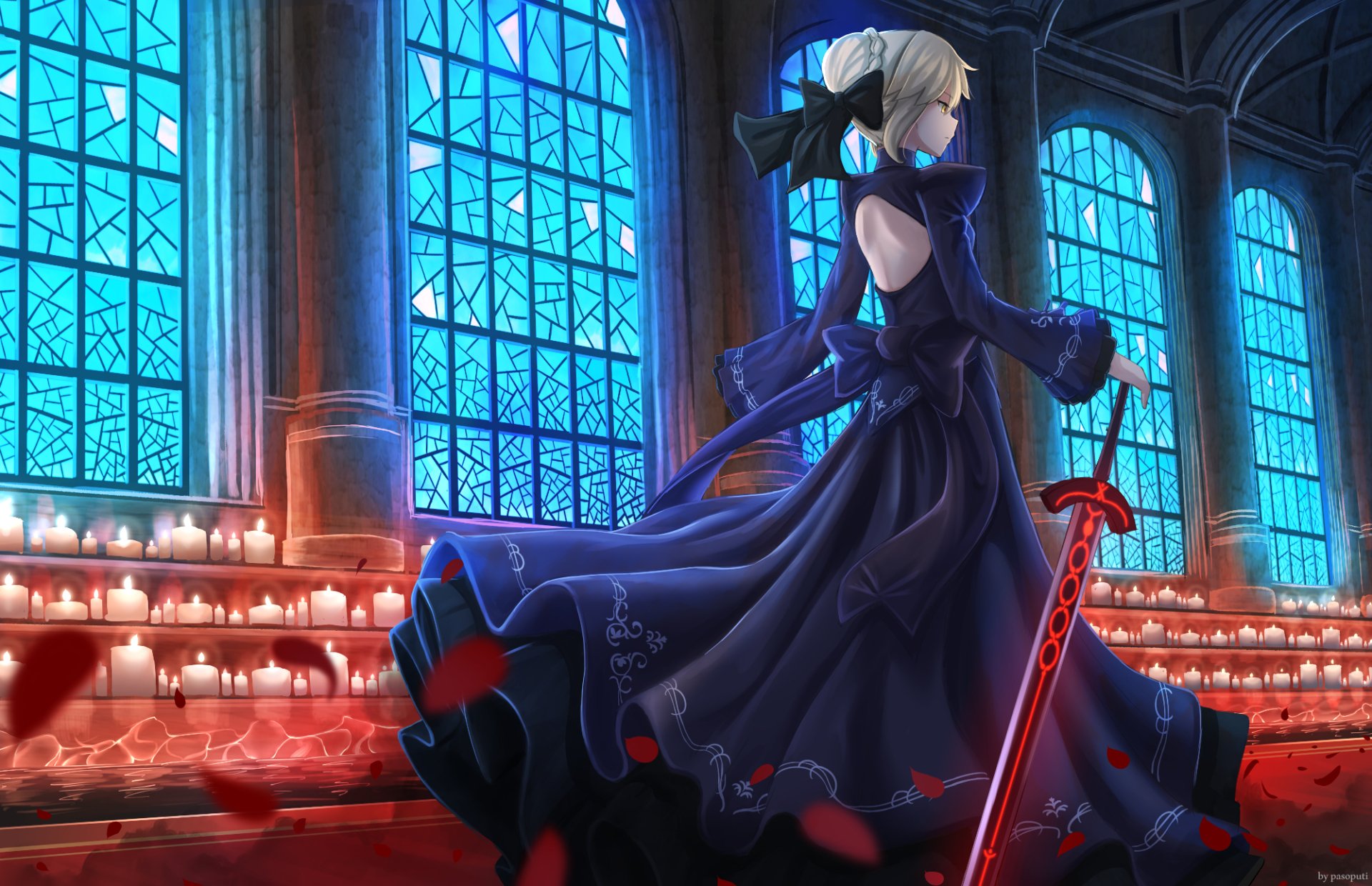 Saber Alter from Fate/stay Night Movie: Heaven's Feel stands in a candlelit hall, wearing a black dress with short blonde hair, glowing yellow eyes, holding a red sword.