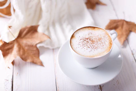 A cup of frothy coffee on a white saucer, surrounded by autumn leaves, captured in a 4K Ultra HD desktop wallpaper.
