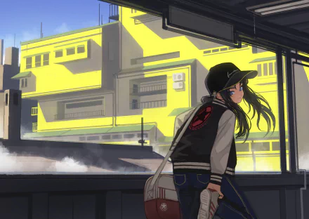 Anime-style HD desktop wallpaper featuring a long-haired black-haired character with blue eyes, wearing a cap and carrying a bag, set against urban architecture with yellow buildings.