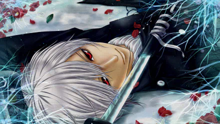 Anime-inspired HD wallpaper featuring a character from Hakuouki Shinsengumi Kitan, with striking red eyes, silver hair, and a sword, surrounded by scattered rose petals.