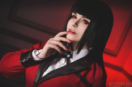HD PC desktop wallpaper featuring a woman cosplaying Yumeko Jabami from Kakegurui, with striking red eyes and a red and black outfit in a dramatic lighting setting.