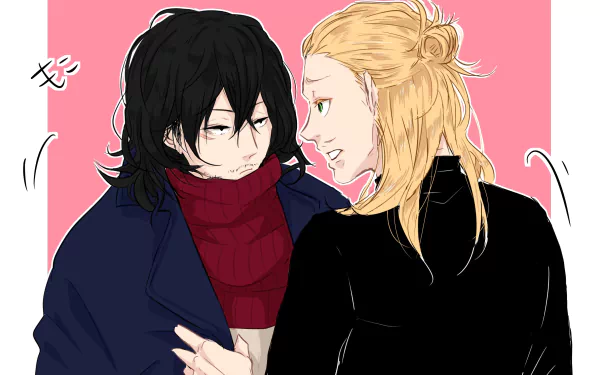 HD anime desktop wallpaper of Present Mic and Shouta Aizawa from My Hero Academia (Boku No Hero Academia) facing each other against a pink background.