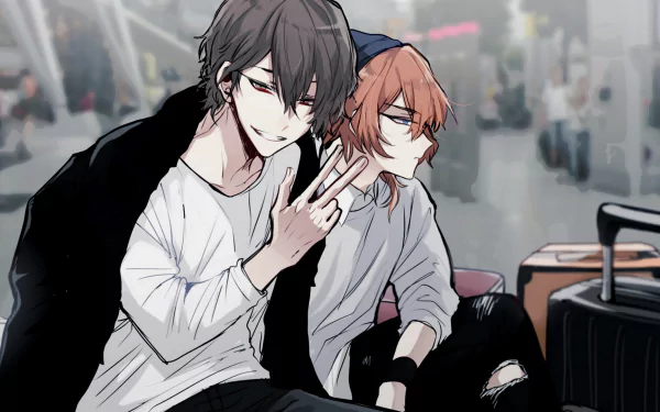 HD PC desktop wallpaper of anime Osamu Dazai and Chūya Nakahara from Bungou Stray Dogs — Dazai flashes a peace sign while Chūya leans back amid a blurred airport terminal and luggage.