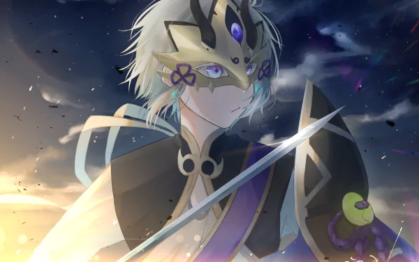 Anime Fate/Grand Order 4K Ultra HD PC desktop wallpaper: masked white-haired swordsman in ornate black and purple armor, holding a gleaming blade beneath a stormy, glowing sky.