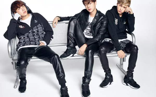 HD PC desktop wallpaper featuring BTS members V (Kim Taehyung), Suga (Min Yoongi), and RM (Kim Namjoon) posing in black outfits against a white background.