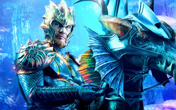 HD PC desktop wallpaper and background: cinematic Aquaman movie–style portrait of an armored sea king beside an armored seahorse in a glowing blue underwater city.