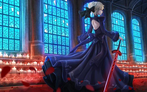 Anime Fate/stay Night Movie: Heaven's Feel Fate Series Saber Alter Saber Fate Blonde Short Hair Dress Black Dress Weapon Sword Candle Yellow Eyes HD Wallpaper | Background Image