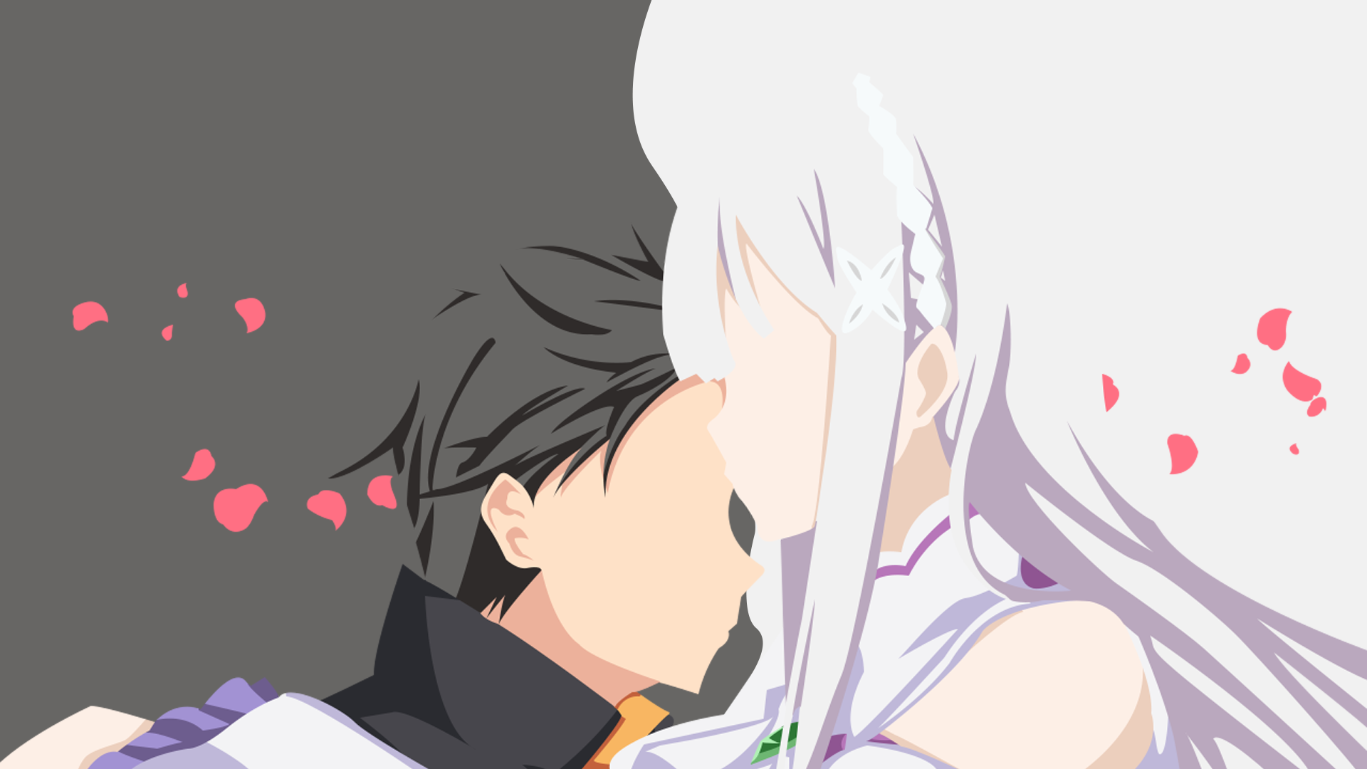 HD anime wallpaper featuring Emilia and Subaru Natsuki from Re:Zero - Starting Life in Another World, with a minimalistic design and scattered pink petals.