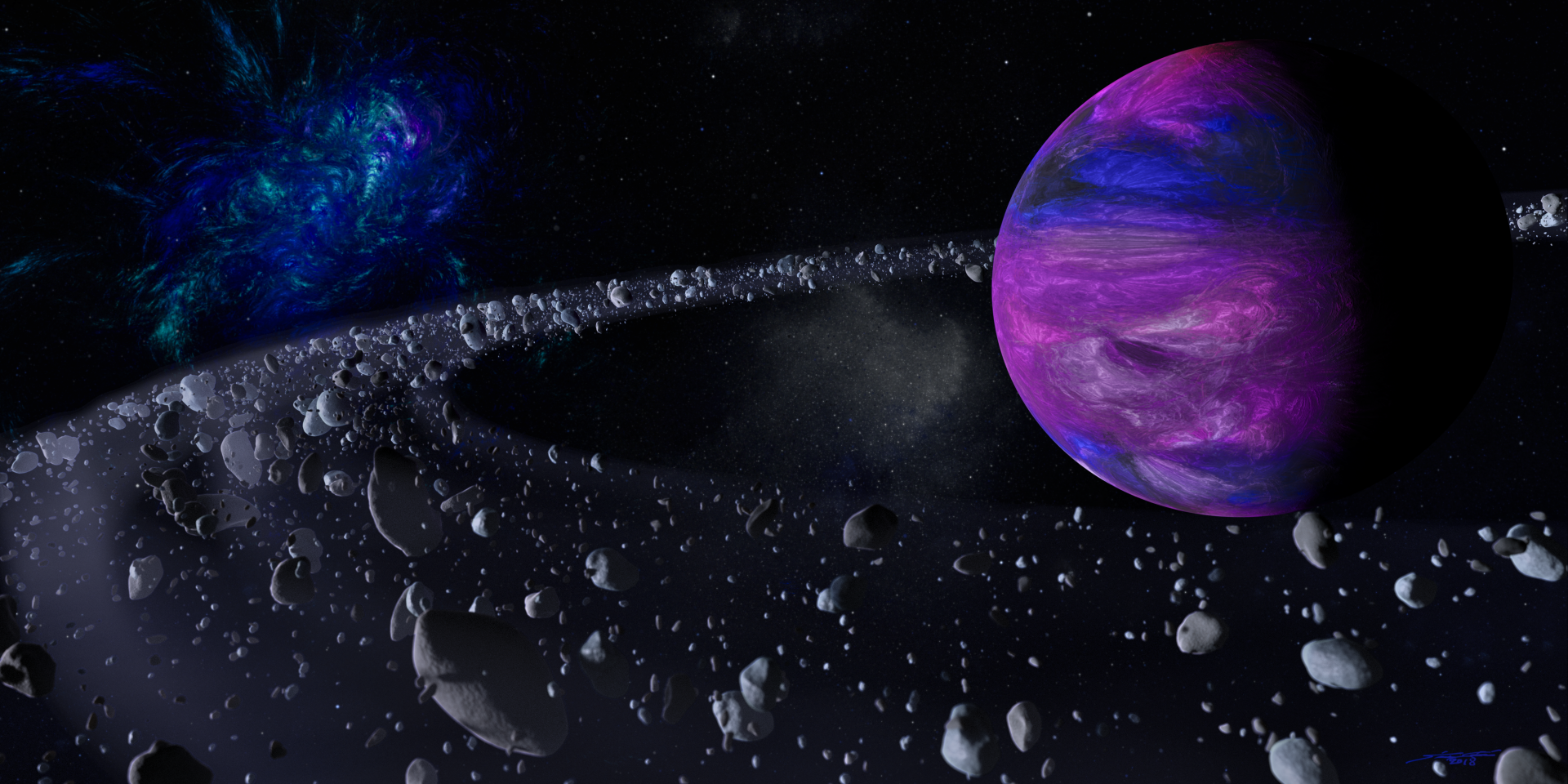 HD PC desktop wallpaper featuring a vibrant sci-fi planet with a purple and blue atmosphere surrounded by a dense asteroid belt in deep space.
