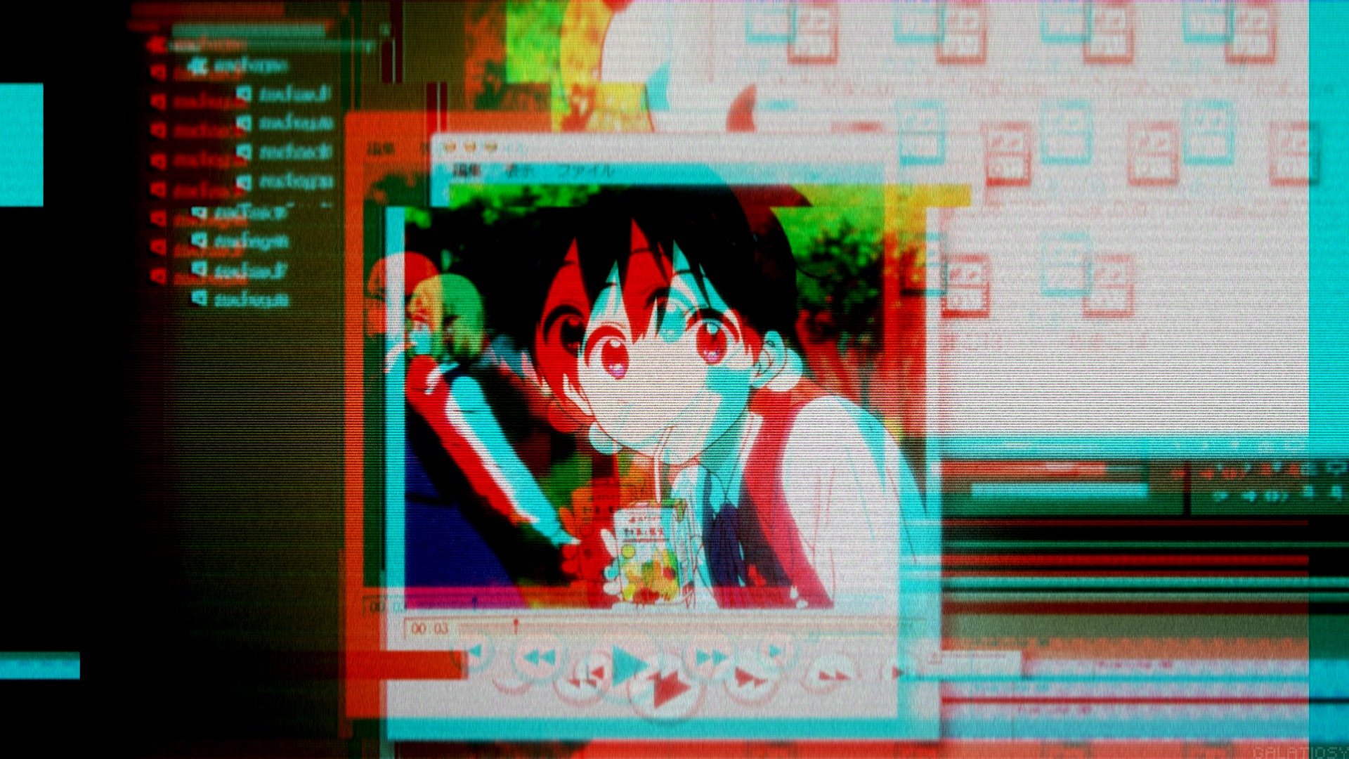 Aesthetic 4K Ultra HD anime wallpaper featuring a glitch-effect scene from Tamako Market on a PC desktop background with retro computer window elements.