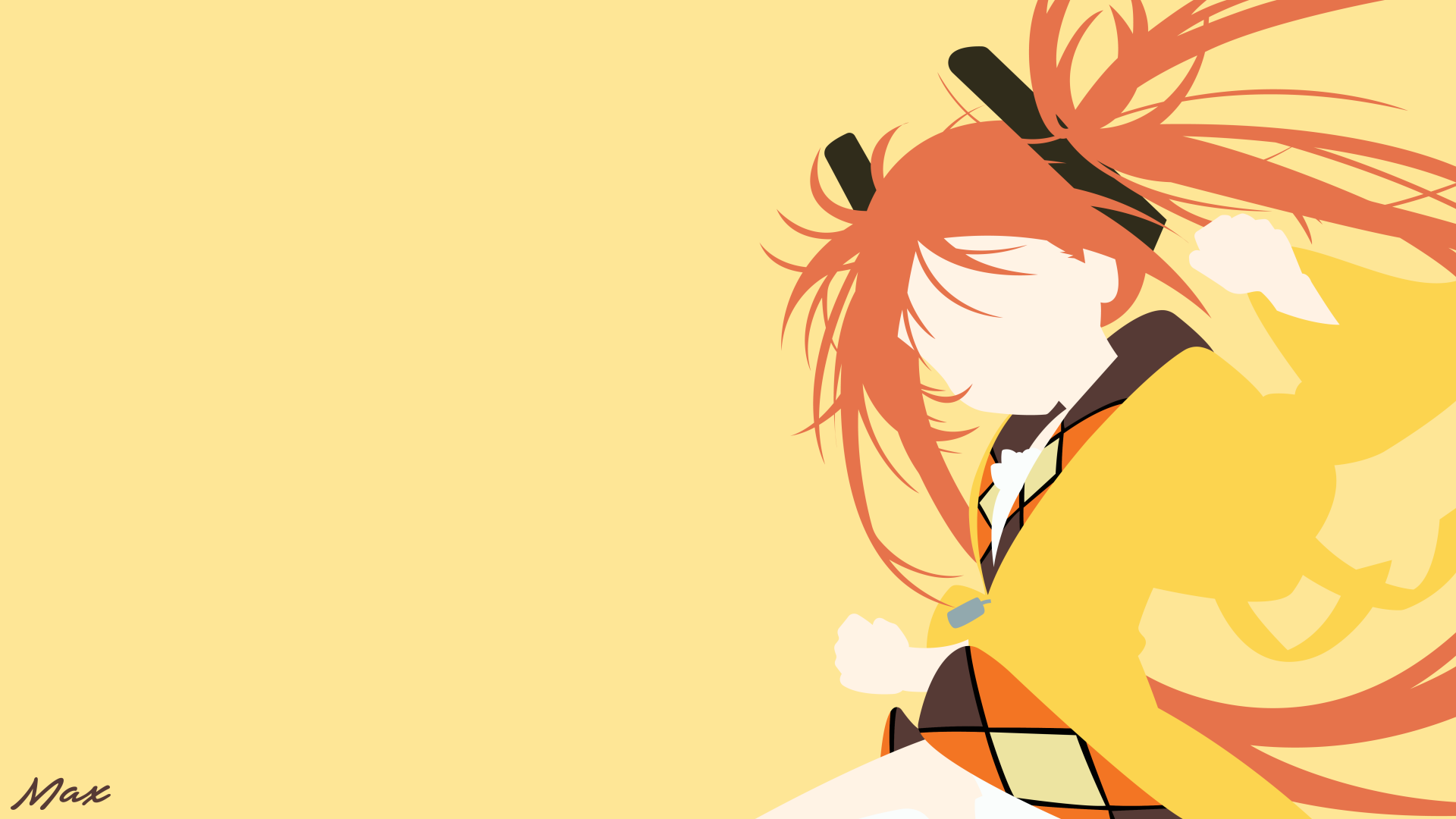 Enju Aihara (Black Bullet anime) minimalist 8K Ultra HD PC desktop wallpaper/background: stylized orange-yellow silhouette with flowing hair and school uniform.
