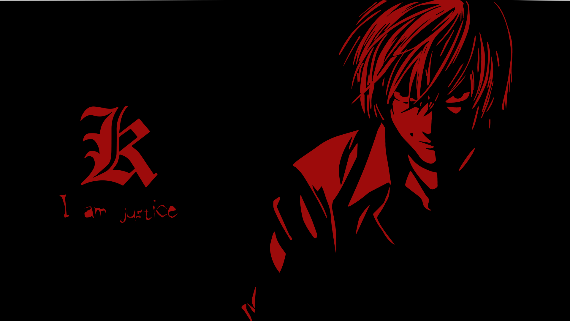 HD desktop wallpaper featuring Light Yagami from the anime Death Note as Kira. The dark background contrasts with his red-highlighted silhouette and the phrase I am justice beside a stylized K.